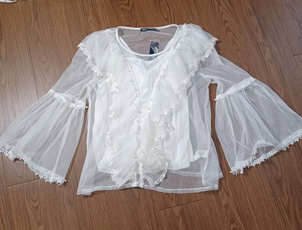 INA Women's White Ruffle Tulle Blouse With Peal And Embroidered Accents Size L